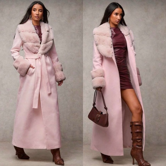 Luxury faux fur trimmed long coat fur jacket fur cuff fur collar vintage pink - Picture 5 of 8